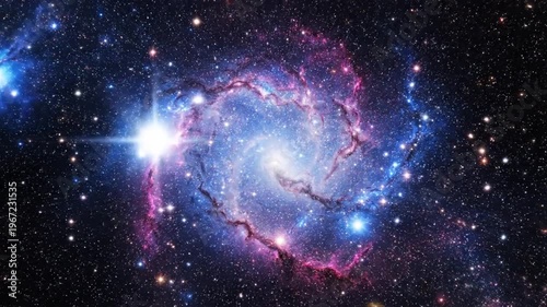 A vibrant galaxy nebula swirls in space with stars shining brightly in the background, depicting a cosmic scene