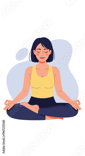 A calm young woman with short dark hair meditating in a seated yoga posture