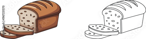 Sliced loaf of bread illustration & outline set isolated on transparent background 