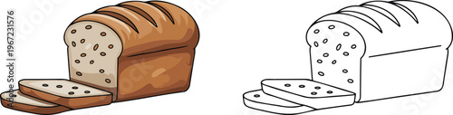 Sliced loaf of bread illustration & outline set isolated on transparent background 