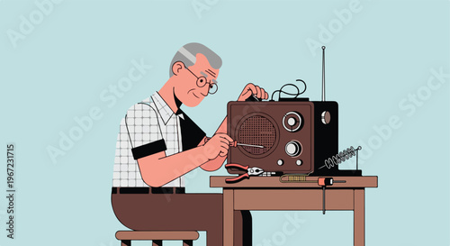 An elderly man repairs a vintage radio using a screwdriver on a wooden table