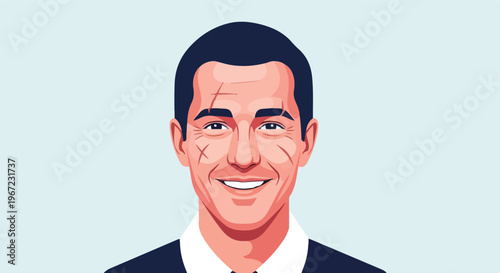 A flat illustration of a smiling man with a facial scar on a light background