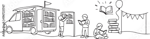 Minimalist Continuous Line Vector of Bookmobile Event Inspiring Children to Read