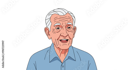 A drawing of an elderly man with white hair wearing a blue button-down shirt