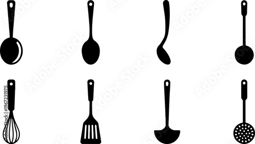 Kitchen Tablespoon Black Flat Icon Set — Cooking Spoon with Abstract Ingredient Symbol for Recipes, Culinary Branding, Food Blogs and Restaurant Projects, Vector Illustration