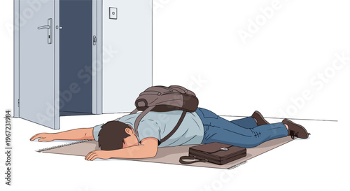 A man wearing a backpack lies facedown on a rug near an open office doorway
