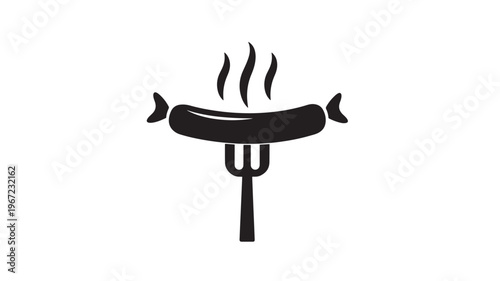 Sausage impaled on a fork with steam rising, graphic representation of hot food and grilling. featuring frankfurter, wiener, barbecue with bbq and