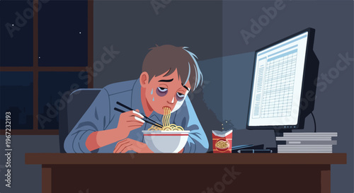 An exhausted man eating noodles while working late at night on his computer