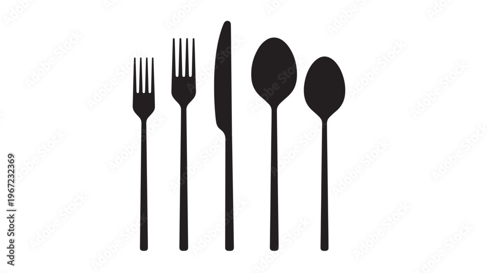 Αυτοκόλλητο Cutlery silhouette set with two forks, one knife, and two spoons arranged linearly on a white background for a clean presentation