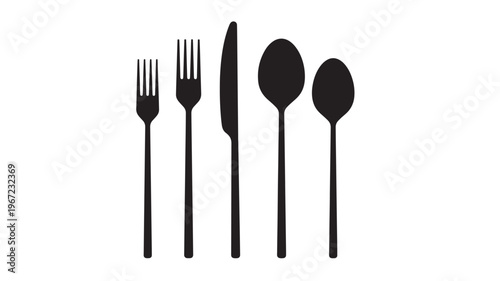 Cutlery silhouette set with two forks, one knife, and two spoons arranged linearly on a white background for a clean presentation.