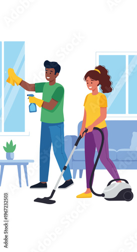 A man cleans a window while a woman vacuums the floor in a bright living room