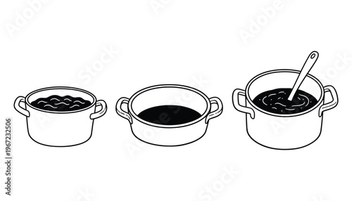 A pot vector illustration set with different liquid levels and a spoon