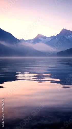 Serene lake at sunrise with snow-capped mountains in background, reflecting warm light