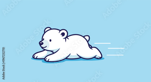 A cute cartoon polar bear cub running fast across a simple light blue background