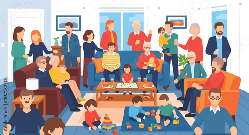 A large multi-generational family gathering in a living room for a celebration