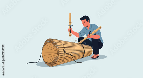A man crouching and using tools to craft a traditional cylindrical bamboo trap