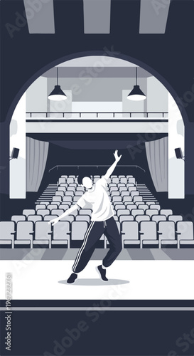 A silhouette figure dances expressively on an empty auditorium stage in gray