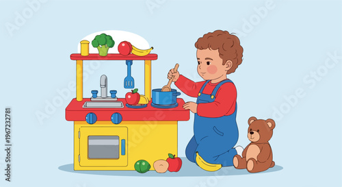 A small child in colorful clothes plays at a toy kitchen with a teddy bear toy