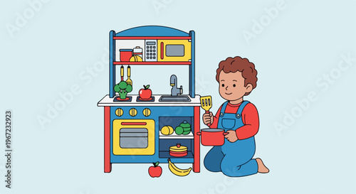 A young child playing with a colorful toy kitchen set and cooking with a pot