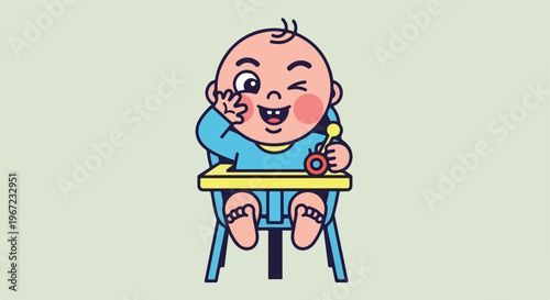A playful cartoon baby sitting in a blue highchair, waving and holding a toy