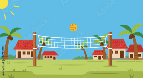 Cartoon illustration of a volleyball net on a tropical island with small houses