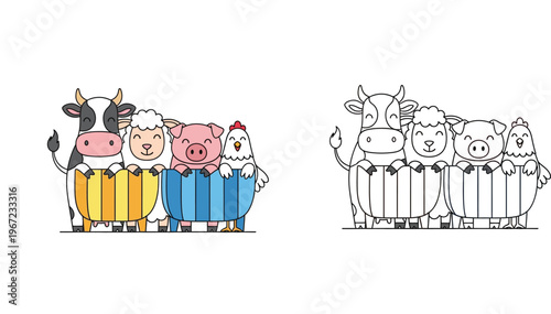 Cute Farm Animals Set with Cow Sheep Pig and Chicken in Color and Line Art Style, Livestock Illustration for Kids Coloring Book and Educational Materials, Isolated Vector Graphic