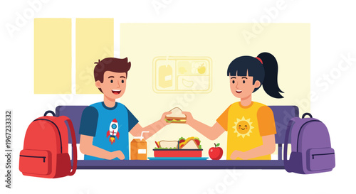 A boy and girl sitting at a school desk eating sandwiches and sharing lunch