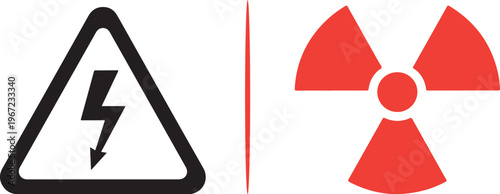 Industrial safety vector set featuring a black high-voltage lightning bolt warning triangle and a red radiation biohazard symbol. Ideal for power, nuclear, and laboratory hazard notification.