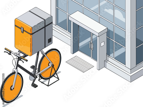 Isometric Illustration of a Delivery Bicycle with Thermal Box Parked in Front of a Modern Office Building