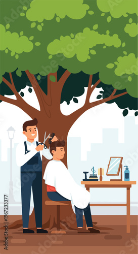 A barber cuts a customer's hair outdoors under a large tree in a city park
