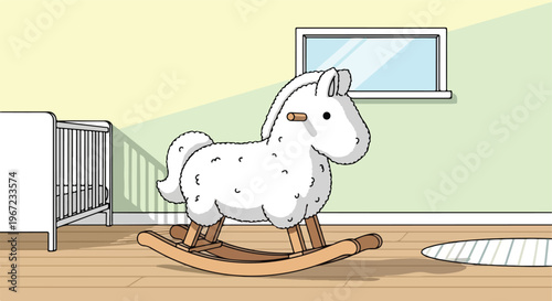 A fluffy white rocking horse sits in a minimalist nursery with a wooden crib