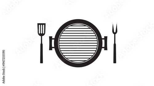 Grill with spatula and fork icon in black and white representing BBQ cooking and outdoor grilling essentials.