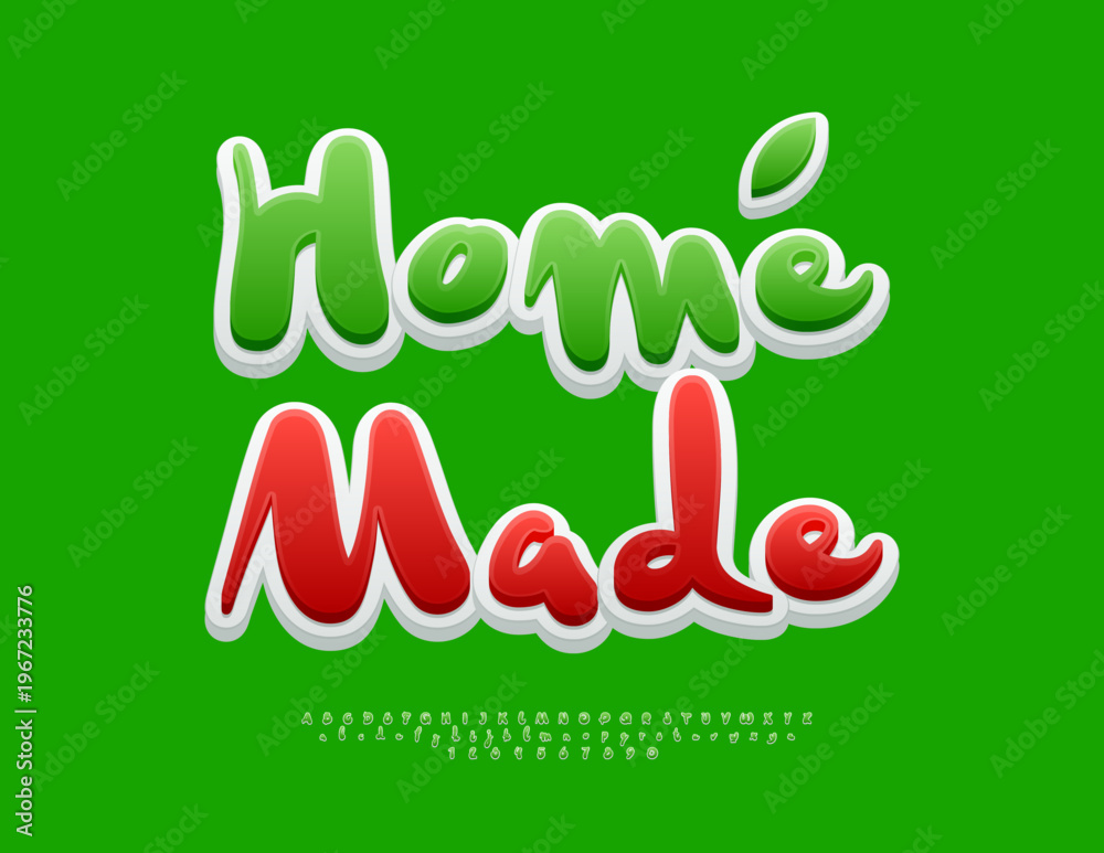 Fototapeta premium Vector Quality sign Home Made. Artistic Handwritten Font. Decorative Green Alphabet Letters and Numbers set.