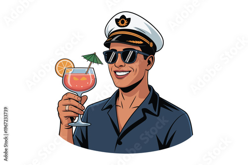 A smiling man wearing a captain s hat and sunglasses enjoys a tropical cocktail with an orange slice on transparent background.