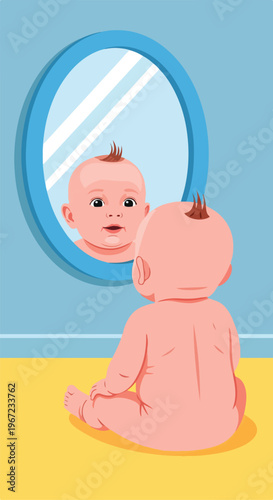 A small baby sits on a yellow floor looking at their reflection in a wall mirror