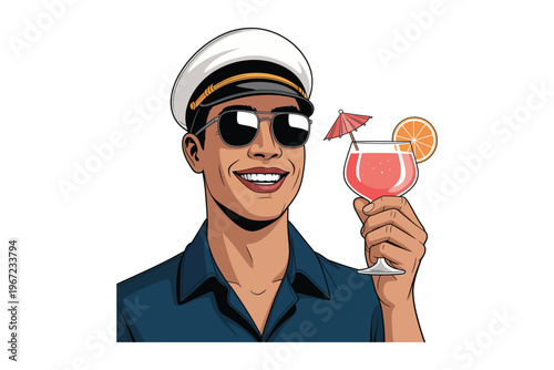 A smiling man wearing a captain s hat and sunglasses enjoys a tropical cocktail with an orange slice on transparent background.