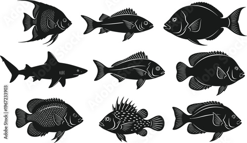 Black silhouette fish vector set featuring eight diverse aquatic species with unique fin structures, body outlines, shark profile, marine wildlife illustration