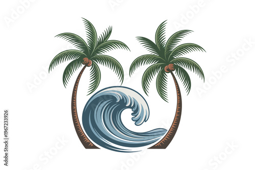 A vibrant cartoon illustration features two palm trees flanking a stylized ocean wave perfect for tropical designs on transparent background.