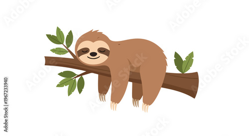 A cute cartoon brown sloth sleeping peacefully on a thick green tree branch