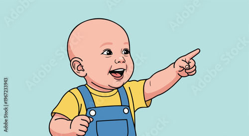 A happy baby in blue overalls smiling and pointing towards the upper right side