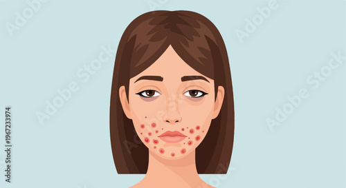 A flat vector illustration of a young woman with acne on her chin and face