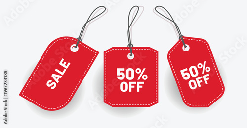 Red sale tags with discounts 50 off and sale promotions