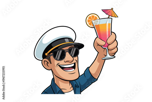 A smiling man wearing a captain s hat and sunglasses enjoys a tropical cocktail with an orange slice on transparent background.