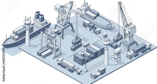 Isometric Maritime Logistics and Port Terminal Illustration with Cargo Ships, Cranes, and Shipping Containers