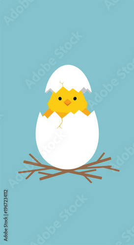 A small yellow chick is hatching from a cracked white egg in a simple bird nest