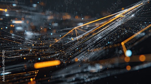 neon lines and dots on black background, technology concept