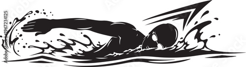 Black silhouette of a swimmer in the water with splashes