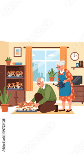 An elderly couple tends to trays of indoor mushrooms in their cozy living room