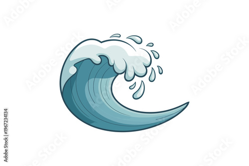 A stylized cartoon illustration of a large ocean wave with a curling crest ideal for design projects on transparent background.