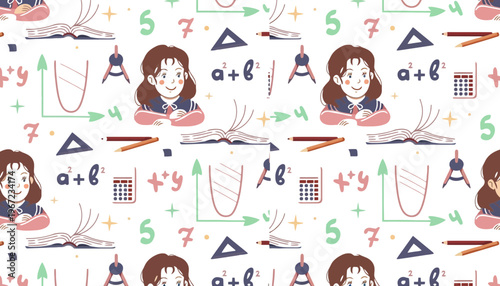 A colorful illustration of a girl surrounded by math symbols and books